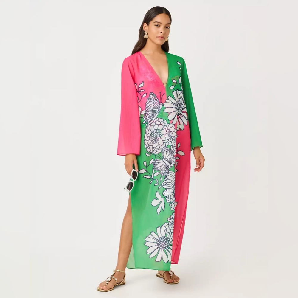 NWT Lilly Pulitzer Perry Long Sleeve Maxi Cover-Up Pink & Green Floral V-Neck L